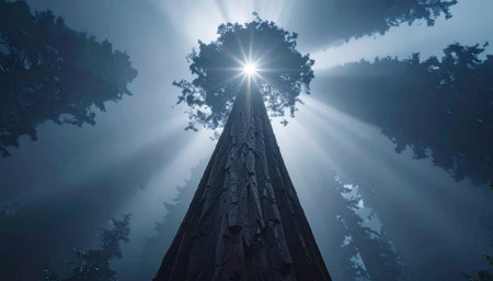 A powerful low-angle shot of a towering tree with ethereal sun rays shining through the mist and canopy. Ai-Generated.の素材