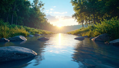 A serene river flows through a vibrant green forest as the sun rises, casting a golden reflection on the calm water. Ai-Generated.の素材