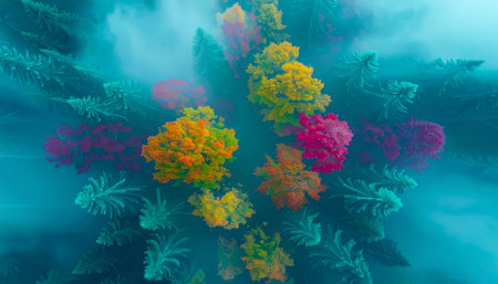 An aerial view of a mystical forest where a burst of red, orange, and yellow autumn trees emerges from a sea of misty green pines, Ai-Generated.の素材