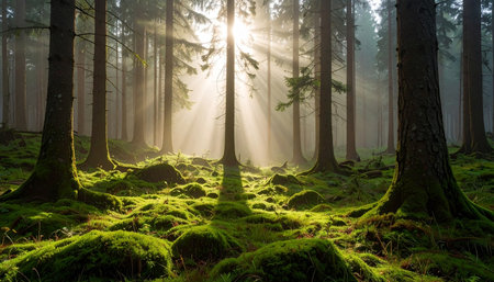 Golden sunbeams pierce a dense, misty tropical rainforest, illuminating lush green ferns and moss-covered ancient trees in a serene, mystical landscape. Ai-Generatedの素材