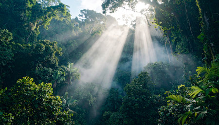 Golden sunbeams pierce a dense, misty tropical rainforest canopy, highlighting the lush green foliage and creating a serene, mystical atmosphere. Ai-Generated.の素材