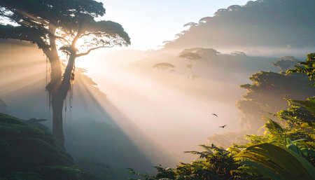 Golden sunbeams pierce through a misty tropical rainforest valley at dawn, highlighting ancient trees and distant hills with flying birds. Ai-Generated.の素材