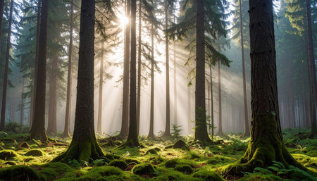 Sunbeams piercing through a misty pine forest with moss-covered ground, creating a serene and magical natural scenery, beautifully detailed Ai-Generated.の素材