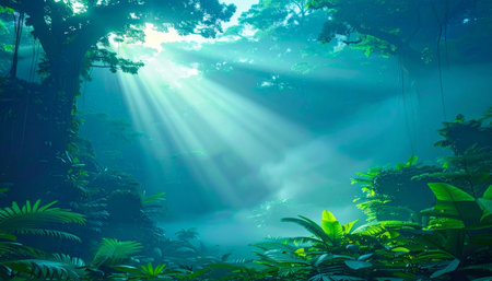 Golden sunbeams pierce through lush rainforest canopy, illuminating vibrant green foliage in a misty jungle atmosphere, Ai-Generatedの素材