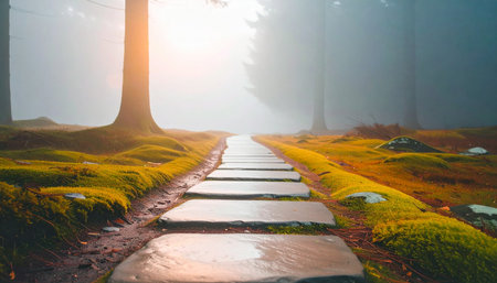 Sunlit stone path through a misty forest covered in moss, creating a serene and enchanting natural atmosphere, Ai-Generated.の素材