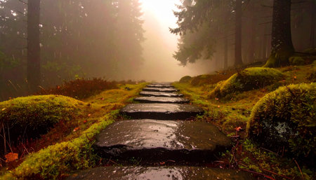 Moss-covered stone path leading into a misty autumn forest, creating a mysterious and enchanting natural scenery, Ai-Generated.の素材