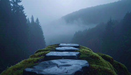 Misty forest path with moss-covered stones leading into the foggy valley, creating a mysterious and tranquil natural scene, Ai-Generated.の素材