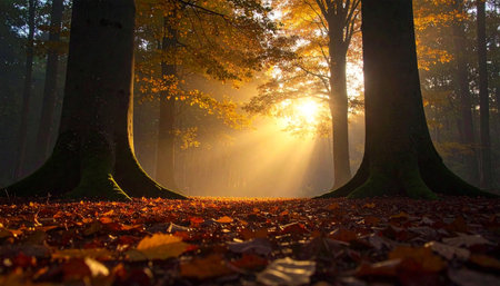 Golden sunlight filtering through autumn forest trees, illuminating colorful leaves on the ground and creating a magical serene scene, Ai-Generated.の素材