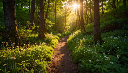 Sunlight shines through a lush green forest path surrounded by wildflowers, creating a peaceful and vibrant natural scene, Ai-Generated.の素材