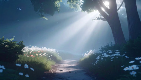 Sunlight streaming through forest trees onto a flower-filled path, creating a serene and enchanting natural scene, Ai-Generated.の素材