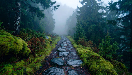 Misty forest trail with moss-covered stones leading into the foggy wilderness, evoking mystery and tranquility, Ai-Generated.の素材