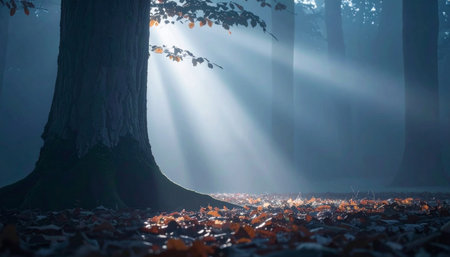 Golden sun rays piercing through a misty forest create a magical atmosphere with autumn leaves on the ground, Ai-Generated.の素材