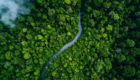 A winding river flows through the heart of a dense emerald rainforest, creating a stunning aerial view of untouched wilderness, Ai-Generated.の素材