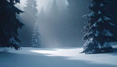 Mystical winter forest with snowfall and sun rays breaking through dense pine trees, creating a serene frozen wilderness, Ai-Generated.の素材