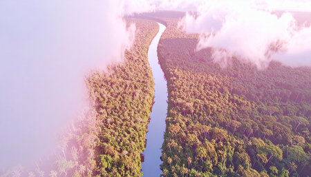 Aerial view of a winding river flowing through dense tropical rainforest covered in soft pink mist, creating a dreamy wilderness atmosphere, Ai-Generated.の素材