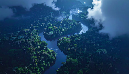 Mystical aerial view of a winding river cutting through dense rainforest covered in mist and clouds, a dramatic tropical wilderness scene, Ai-Generated.の素材