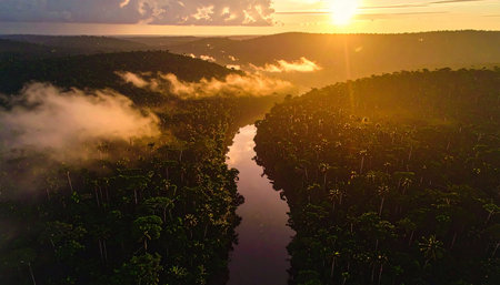 Golden sunset over a tropical rainforest with a winding river and misty horizon, capturing the serene beauty of untouched wilderness, Ai-Generated.の素材