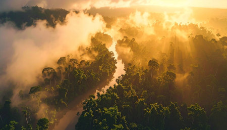 Golden sunlight pierces through misty rainforest canopy, illuminating a winding river in a breathtaking tropical wilderness, Ai-Generated.の素材