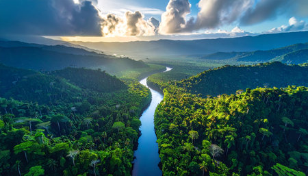 Aerial view of a lush tropical rainforest with a winding river under dramatic sunlight and clouds, showcasing natureâs untouched beauty, Ai-Generated.の素材