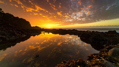 Stunning coastal sunset with golden sky reflections over tide pools and rocky shore, creating a breathtaking seascape in Ai-Generated.の素材