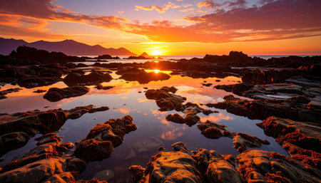 Golden sunset over rocky coastal tide pools reflecting vibrant skies, creating a breathtaking natural seascape in Ai-Generated.の素材