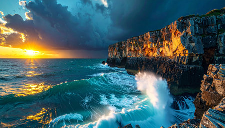 Waves crash against towering cliffs under a dramatic sunset sky, capturing the raw power and beauty of the ocean in Ai-Generated.の素材