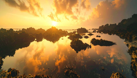 Golden sunset reflects on tidal pools among rocky shores, creating a serene and dramatic coastal seascape in Ai-Generated.の素材