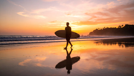 A surfer walks along the beach at sunset with golden reflections on the wet sand, capturing tropical coastal beauty in Ai-Generated.の素材