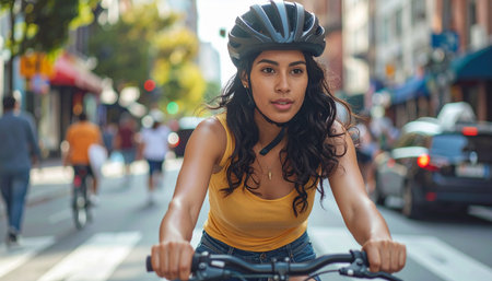 A woman with a backpack rides her bike through a sun-drenched city street, embracing an active urban lifestyle. Ai-Generatedの素材
