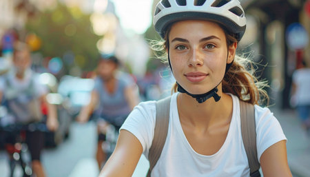 A smiling woman in a helmet looks at the camera while cycling through a busy city street on a sunny day. Ai-Generated.の素材
