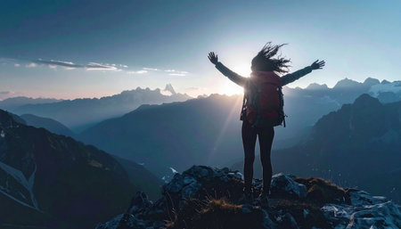 A powerful silhouette of a woman hiker with arms raised, celebrating freedom and success on a mountain summit at sunrise. Ai-Generated.の素材
