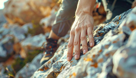 Close-up of a hikerâs hand gripping rugged rocks during a mountain hike, symbolizing strength, focus, and outdoor adventure spirit, Ai-Generated.の素材