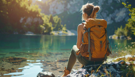 A female hiker with a backpack rests by a serene mountain lake, enjoying the tranquil beauty of the summer wilderness. Ai-Generatedの素材