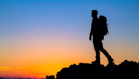 A male hiker with a backpack is silhouetted against a vibrant sunset, walking along a mountain ridge. Ai-Generatedの素材