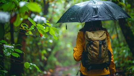 A hiker with a backpack walks under an umbrella through a vibrant, rainy forest, embracing the peaceful wilderness. Ai-Generatedの素材