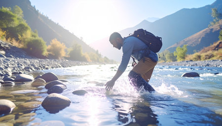A hiker splashes through a clear mountain river, navigating rocky terrain under a bright, sunny sky. Ai-Generated.の素材