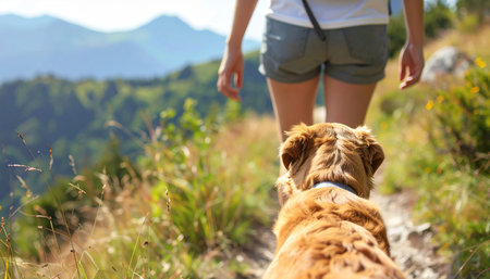 A hiker and her loyal dog explore a scenic mountain trail, enjoying a sunny day of adventure in nature. Ai-Generated.の素材
