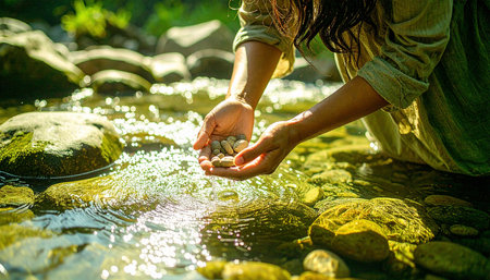 Hands gently holding river stones in crystal-clear water, symbolizing connection to pristine nature and outdoor exploration. Ai-Generated.の素材