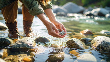 Hands gently hold river stones in crystal-clear water, symbolizing connection to pristine nature and outdoor exploration. Ai-Generated.の素材