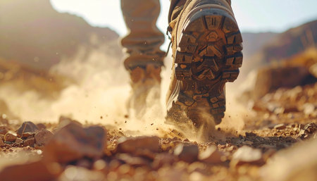 Durable hiking boots kick up dust on a rugged, sun-baked trail, symbolizing endurance and adventure in harsh terrain. Ai-Generated.の素材