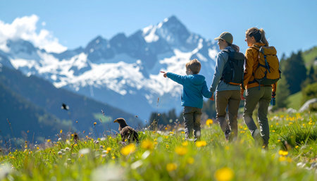 A family enjoys a breathtaking mountain hike, with a young boy pointing at a bird amidst a vibrant meadow. Ai-Generated.の素材
