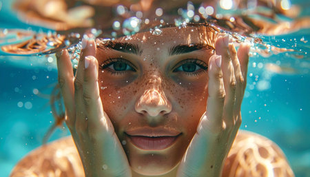 A captivating Ai-Generated underwater close-up of a woman with freckles, emerging with bubbles, conveying a sense of natural beauty and freshness.の素材