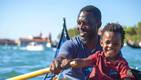 A joyful father and son paddle together in a traditional Venetian gondola on a sunny day, experiencing the iconic waterway adventure. Ai-Generatedの素材