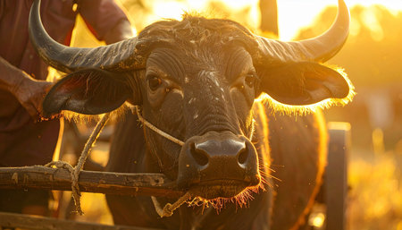 An intimate portrait of a water buffalo, harnessed to a wooden cart, with the vibrant warmth of a Laotian golden hour backdrop. Ai-Generatedの素材