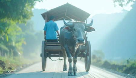 A lone wooden buffalo cart, driven by a person, travels down a dusty road amidst misty Laotian mountains at dawn. Ai-Generated.の素材