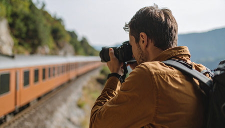 A close-up, over-the-shoulder shot of a photographer capturing a train on a scenic mountain railway in Switzerland. Ai-Generatedの素材