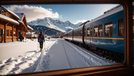 A lone skier walks along the tracks past a stationary train at a picturesque, snow-covered mountain stop in the Swiss Alps. Ai-Generatedの素材