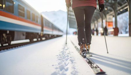 A dramatic, close-up view of a skier passing a blue train car on a crisp, snowy day at a high-altitude station in the famous Swiss mountains. Ai-Generatedの素材