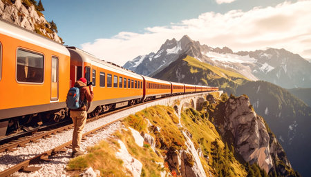 A lone photographer stands by a train on a breathtaking mountain railway, capturing the majestic Swiss Alps at sunset. Ai-Generatedの素材