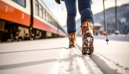 Close-up of ski boots on a snow-covered track, with a Swiss train in the background, capturing the essence of a winter journey. Ai-Generatedの素材
